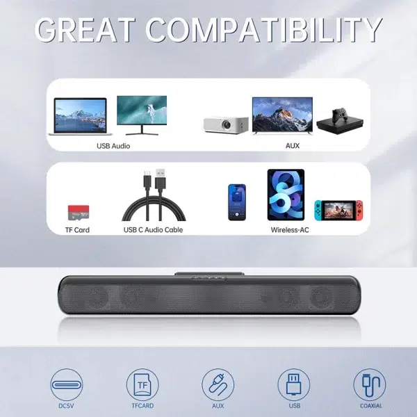 TV Surround Sound System Sound Bar Speakers with BT/Coaxial/AUX/PC/Gaming/Projectors